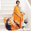 Orange and navy blue silk-feel shawl featuring astrological patterns and horse motifs - Orange Blue Astrological Horse (FE16-2) / 110X110CM