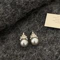Macro shot of crown pearl earrings with grey pearls and pavé cubic zirconia - Crown Pearl Stud Earrings / Gold/Gray