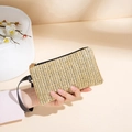 Straw clutch bag in khaki woven pattern with black wristlet strap and zipper - Apricot