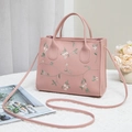 Pink floral embroidered handbag with dual handles and detachable shoulder strap - Pink