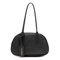 Minimalistische schwarze Handtasche mit Litschi-Struktur und modischem Anhänger-Detail - Schwarz