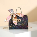 Black leather handbag with colorful geometric lines, gold chain strap and silk scarf - Black with Colorful Print