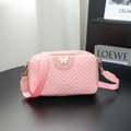 Pink chevron quilted crossbody bag with white butterfly buckle and wide shoulder strap - Pink