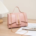 Pink croc-embossed small square bag with gold tassel charm and chain strap - Pink