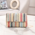 Rainbow woven straw crossbody bag with colorful vertical stripes and gold chain strap - Red Yellow Blue Black Vertical Stripe (Style 5)