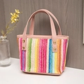 Mini rainbow woven straw tote bag with pink leather handles and gold rivet details - Pink