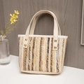 Straw tote bag with vertical stripes, cream handles and decorative gold studs - Khaki