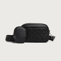 Zwarte gewatteerde crossbody tas set met een klein rond zakje en een brede riem - Zwart