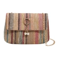 Borsa quadrata in paglia a righe colorate con fibbia gatto oro e ciondolo perla - Righe Patchwork Etnico (Colore 1)