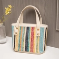 Colorful woven tote bag with rainbow pattern, beige leather handles and gold studs - Grass Green