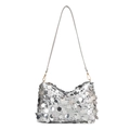 Silberne Pailletten-Schultertasche mit glänzendem Metallic-Finish und grauem Gurt - Silber