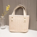 Cream woven mini tote bag with leather handles and gold rivet accents for women - Off White