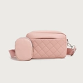 Roze gewatteerde crossbody cameratas met afneembare kleine tas en stoffen riem - Roze