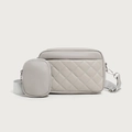 Quilted light gray crossbody camera bag set with small round coin purse and wide strap - Gray