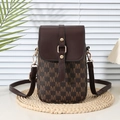 Vertical brown phone bag with M-letter monogram print and golden hardware details - Coffee