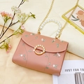 Pink floral embroidery crossbody bag with pearl handle and golden chain strap - Pink