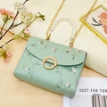Mint green floral embroidered handbag with pearl handle and stylish metal chain strap - Green