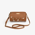 Sac cylindre marron avec broderie florale et bandoulière en cuir réglable - Marron