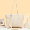 Elegante borsa tote intrecciata beige con pochette coordinata e spalline in pelle - Bianco Sporco