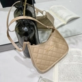 Detail of quilted underarm bag with gold metal logo and adjustable leather strap - Lattice Khaki