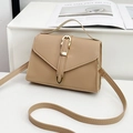 Minimalist camel brown PU leather crossbody bag with top handle and golden buckle - Khaki