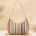 Borsa a spalla a mezzaluna in tessuto multicolore con cinturini in pelle kaki e zip - Intreccio a Righe Arcobaleno (Tracolla Albicocca)