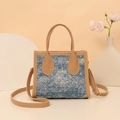 Quilted denim tote bag with beige leather trim and a detachable strap for women - Denim Blue Quilted Style