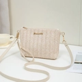Beige striped woven straw crossbody bag with gold logo and adjustable shoulder strap - Off White