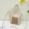 Minimalist creamy white and brown contrast PU leather bucket bag with top handles - White Brown