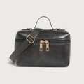 Glossy charcoal grey leather box bag with gold-tone hardware and adjustable strap - Gray