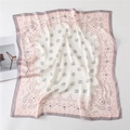 Detail of square paisley silk scarf with pink and grey borders and smooth satin texture - Pink Gray
