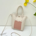 Minimalist beige PU leather bucket bag with pink square pocket and crossbody strap - White Pink