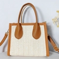 White woven straw handbag with brown leather handles and golden hardware accents - White Straw Splicing Style