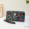 Portefeuille long à paillettes avec papillon et dragonne noire pour femmes - Coloré