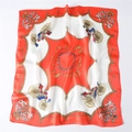 Detailed view of square silk scarf with classical horse carriage and golden chain patterns - Red White Equestrian Carriage Pattern (FJ226-2)