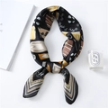 Detail of silk-feel scarf with black abstract handbag print on smooth satin fabric - Black