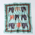 Green silk-like square scarf with elegant equestrian horse belt print and glossy finish - Bean Green Equestrian With Stripes (FJ250-3)