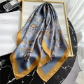 Elegant floral silk scarf in mist blue and gold displayed on a marble surface - 70x70cm / Morandi Blue Gray (FJ26X-1)