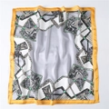 Detail of 70x70cm square silk scarf featuring green geometric patterns and orange border - Modern Geometric Contrast Orange Edge (FJ235-1)