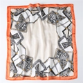 Detail of 70x70cm square silk scarf with geometric patterns and vibrant orange border - Beige Orange Border