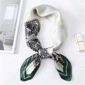 Satin silk scarf 70x70cm with geometric stripes and green borders for elegant neck styling - White with Green Border