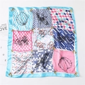 Square silk scarf with blue border featuring houndstooth and floral print patchwork - 60x60cm / Blue Colorblock Pattern (FL21-5)