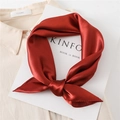 Detail of red silk square scarf on beige shirt background for a stylish professional look - Caramel