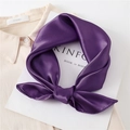 Close-up of deep purple satin square scarf tied in a bow showing glossy silk texture - Dark Purple