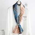 Elegant long skinny silk scarf with geometric ring print on a white shirt - Teal Geometric Color Block