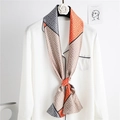 Detail of silk long scarf featuring geometric Greek Key pattern in orange and gray - Orange Camel Greek Key