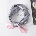 Detail of silk scarf with lotus flower print, pink plaid border and satin texture - 60x60cm / Grey Patchwork Pink (FL5-5)