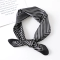 Classic black and white striped satin square scarf styled in a professional neck tie knot - Black Stripe (FL8-4)
