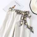 Detail of high waist white trousers with a yellow and grey plaid bow belt and magazine - Yellow Grey Color Block Check(LJ16-1)