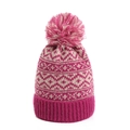 Detailed knit pattern and pink pompom on a winter thermal checkered beanie hat - Rose Red
